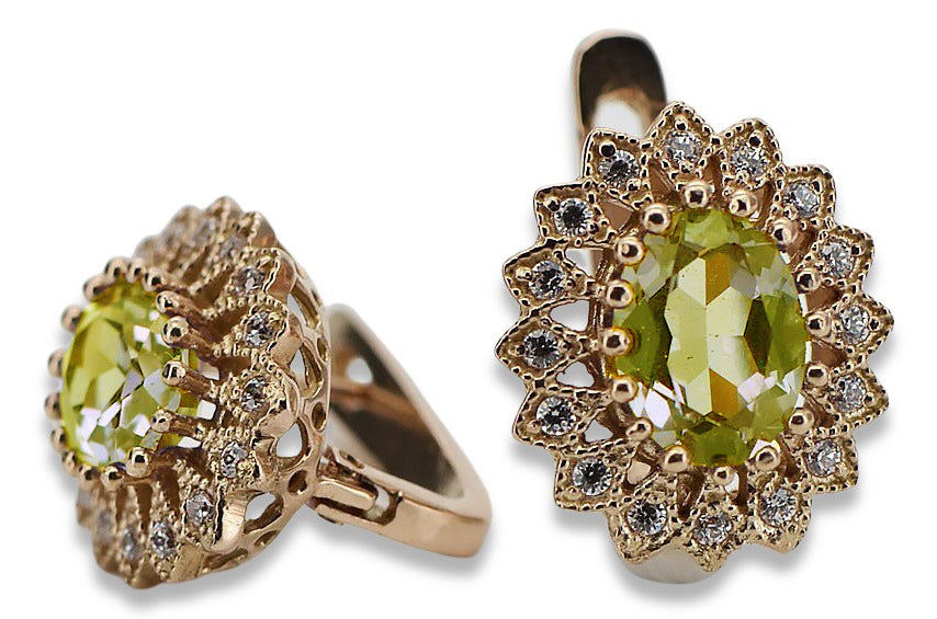 Vintage Yellow Peridot Earrings in 14K Rose Gold (vec125r-yp) — worn on the hand, showing profile