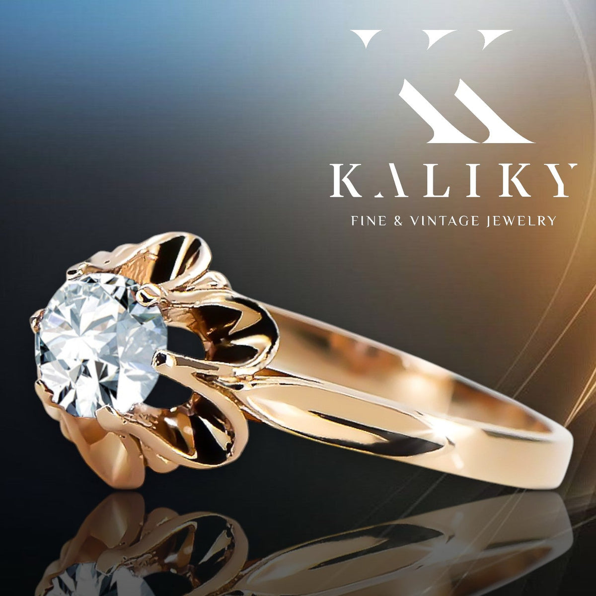 Vintage Zircon Ring in 14K Rose Gold (vrc004r-zi) — worn on the neckline, showing the drape