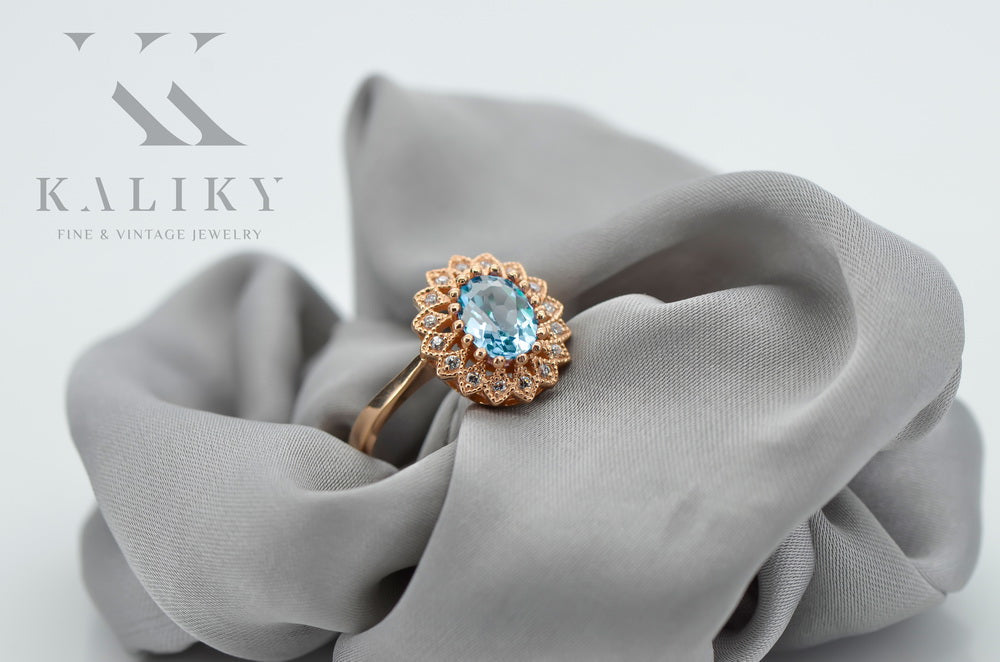 Vintage Aquamarine Ring in 14K Rose Gold (crc012r-aq) — side view showing the setting
