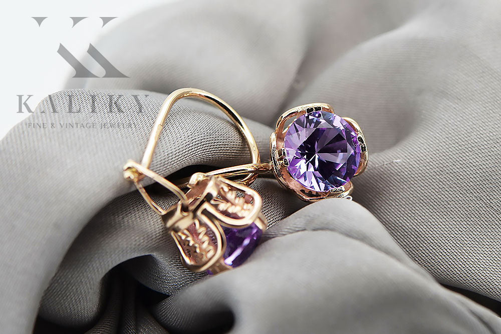 Vintage Alexandrite Earrings in 14K Rose Gold (vec029r-ax) — worn on the neckline, showing the drape