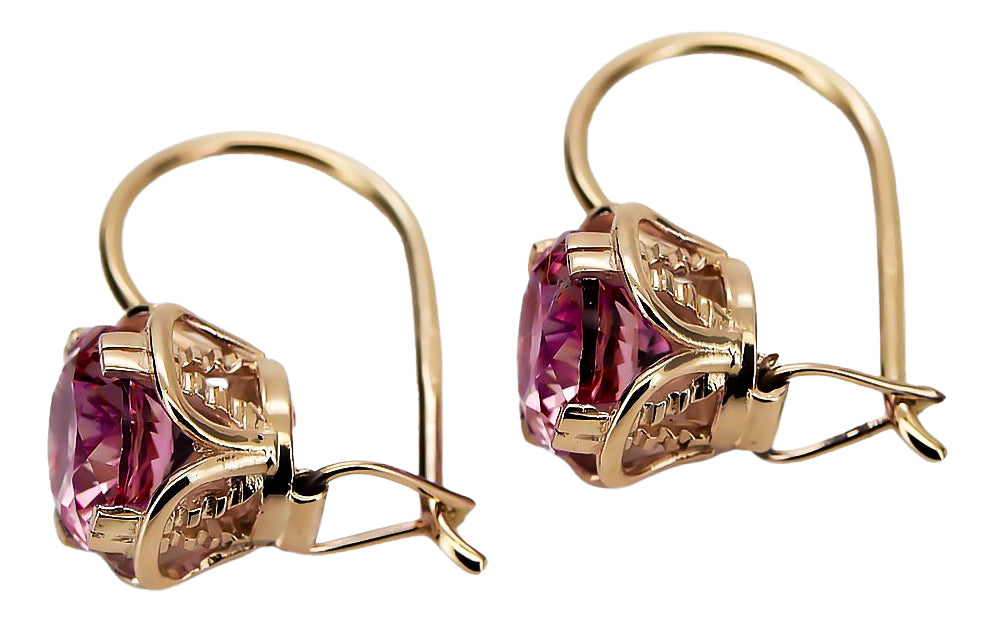 Vintage Ruby Earrings in 14K Rose Gold (vec029r-rb) — worn on the neckline, showing the drape