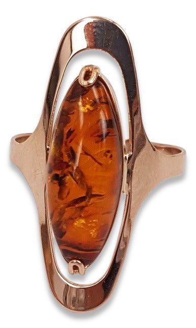 Vintage Amber Ring in 14K Rose Gold (vrab016) — worn on the hand, showing profile
