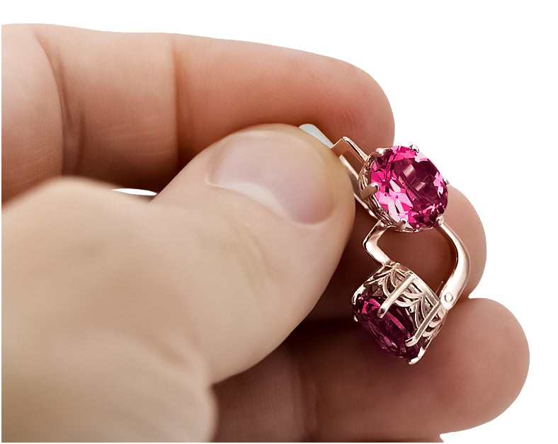 Vintage Ruby Earrings in 14K Rose Gold (vec003r-rb) — worn on the neckline, showing the drape