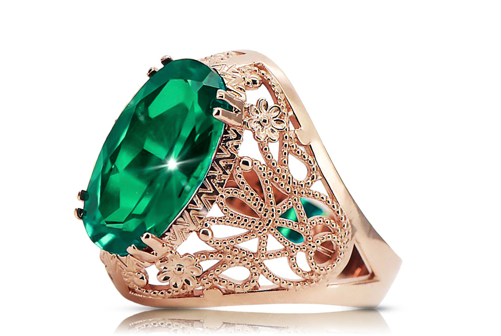 Vintage Emerald Ring in 14K Rose Gold (vrc074r-em) — worn on the neckline, showing the drape