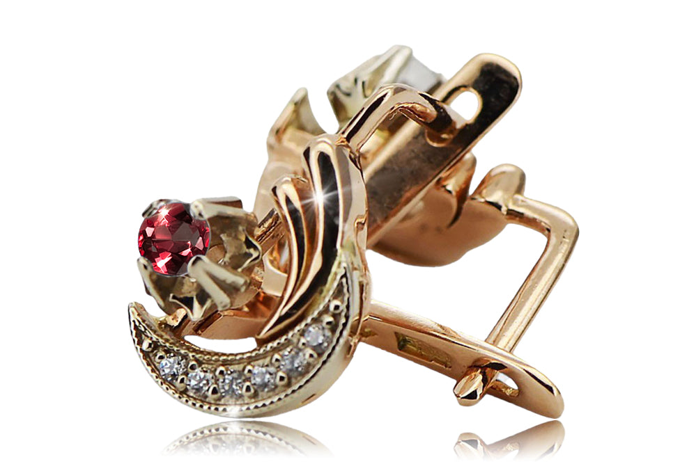 Vintage Ruby Craft Earrings in 14K Rose & White Gold (vec093rw-rb) — back view with the clasp