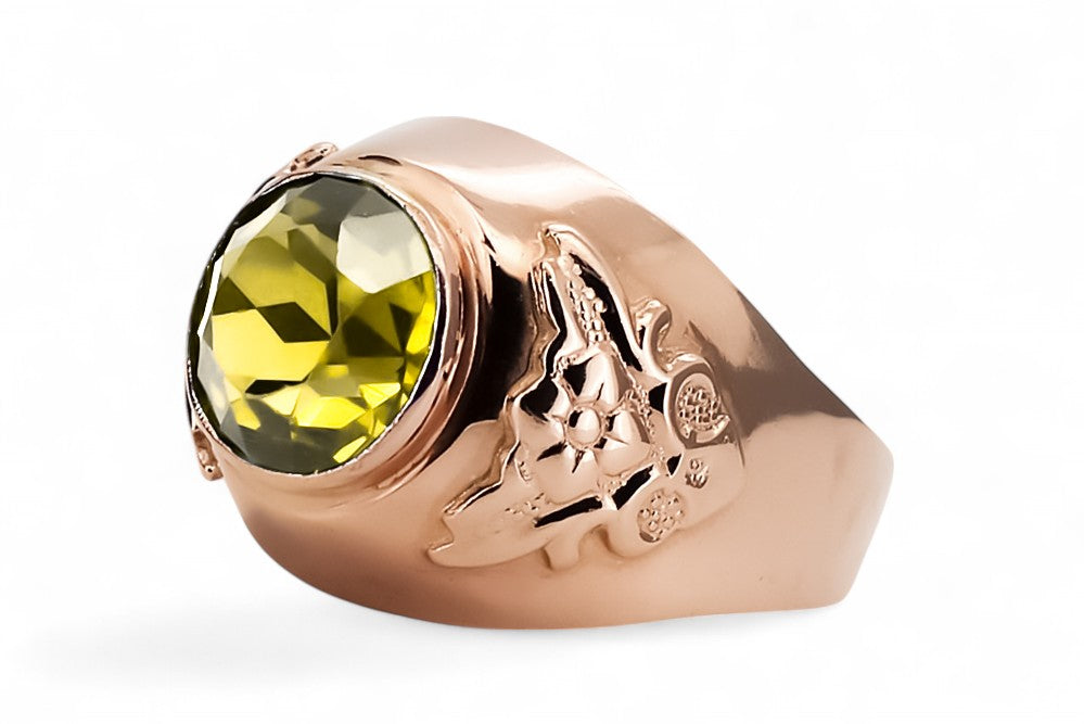 Vintage Yellow Peridot Ring in 14K Rose Gold (vrc078r-yp) — side view showing the setting