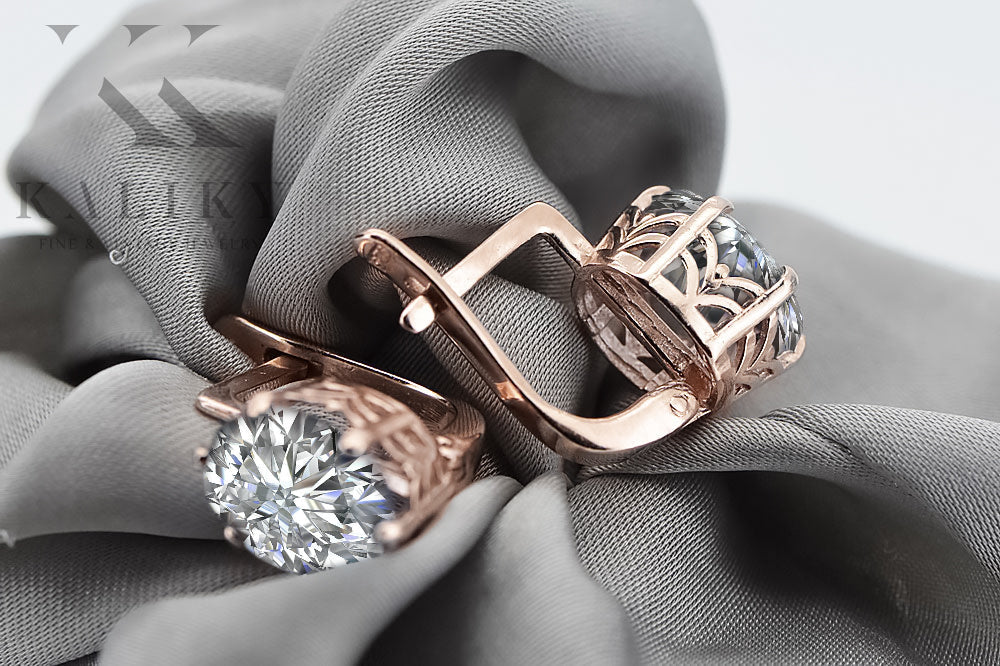 Vintage Zircon Earrings in 14K Rose Gold (vec003r-zi) — angled view catching the light