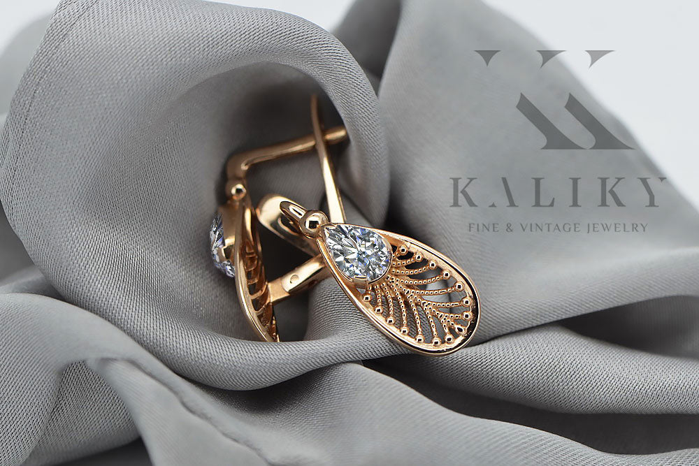 Vintage Zircon Zircone Earrings in 14K Rose Gold (vec067r-zi) — back view with the clasp