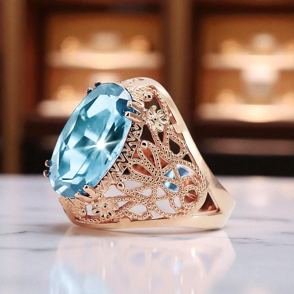 Vintage Aquamarine Ring in 14K Rose Gold (vrc074r-aq)