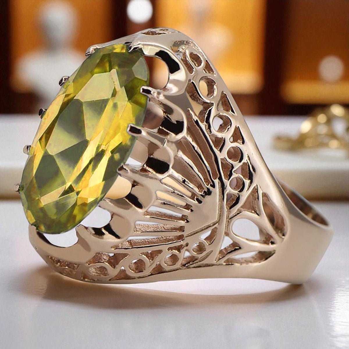 Vintage Yellow Peridot Ring in 14K Rose Gold (vrc020r-yp)