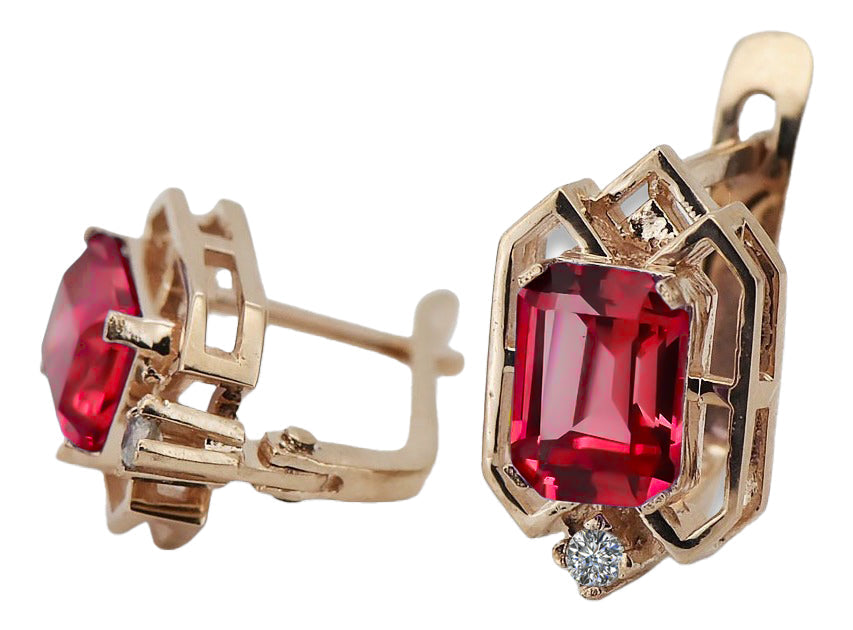 Vintage Ruby Diamonds Craft Earrings in 14K Rose Gold (vec020r-rb) — full view of the piece