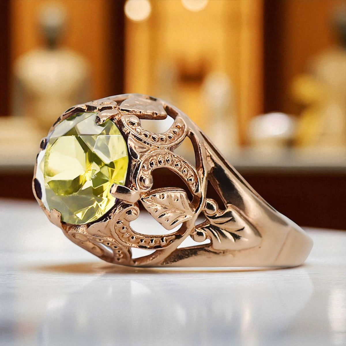 Vintage Yellow Peridot Ring in 14K Rose Gold (vrc080r-yp)