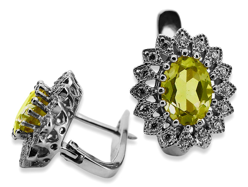 Vintage Yellow Peridot Earrings in 14K White Gold (vec125w-yp) — side view showing the setting