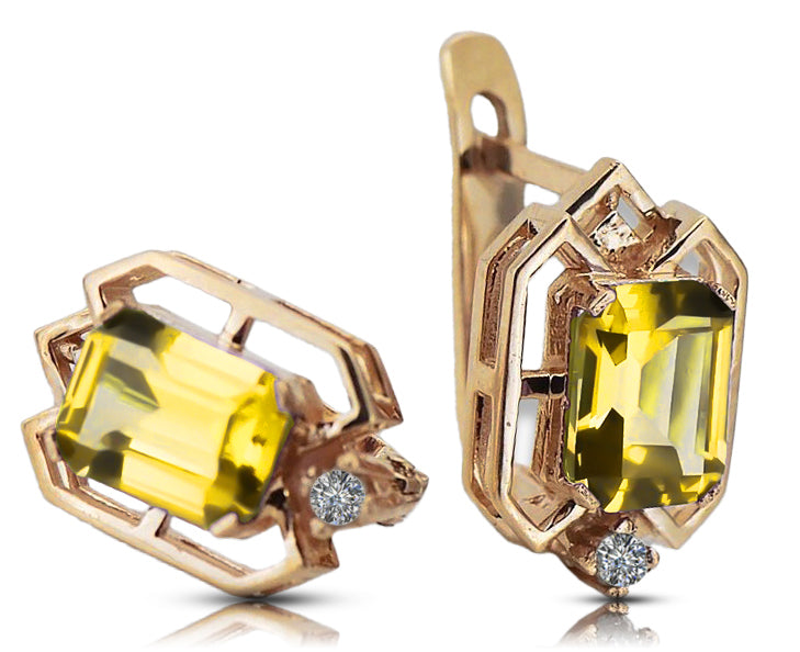 Vintage Yellow Peridot Diamonds Craft Earrings in 14K Rose Gold (vec020r-yp) — close-up of the stone and setting