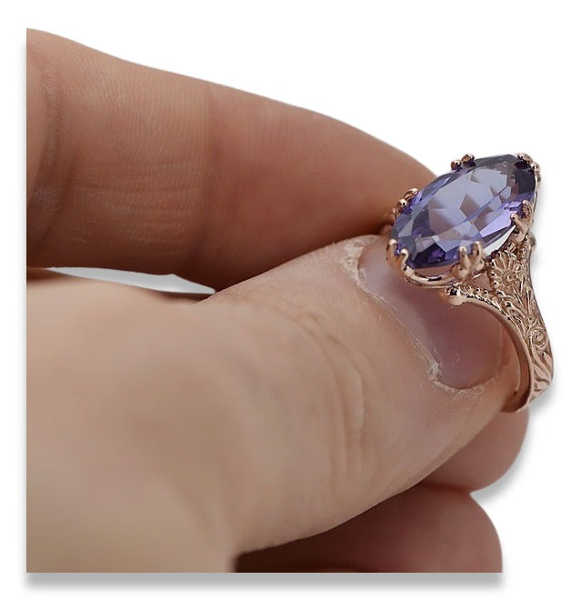 Vintage Alexandrite Ring in 14K Rose Gold (vrc084r-ax) — worn on the neckline, showing the drape