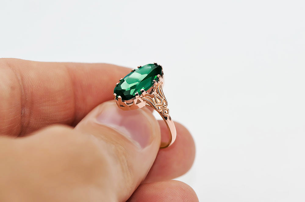 Vintage Emerald Ring in 14K Rose Gold (vrc058r-em) — close-up of the hallmark on the inner band