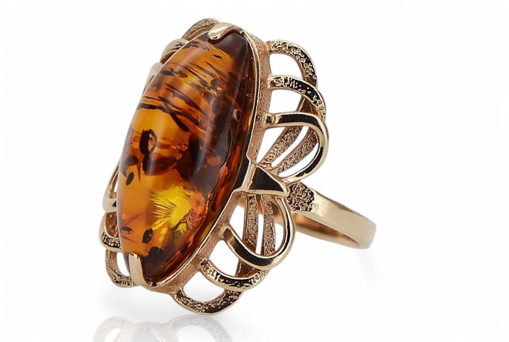 Vintage Amber Ring in 14K Rose Gold (vrab019) — worn on the neckline, showing the drape
