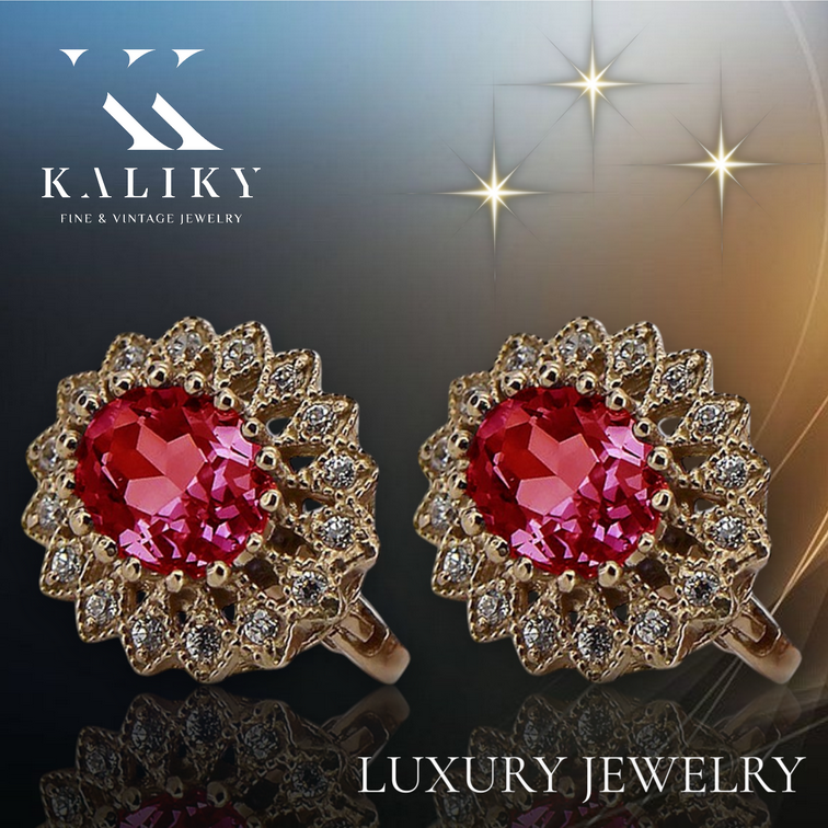 Vintage Ruby Earrings in 14K Rose Gold (vec125r-rb) — full view of the piece