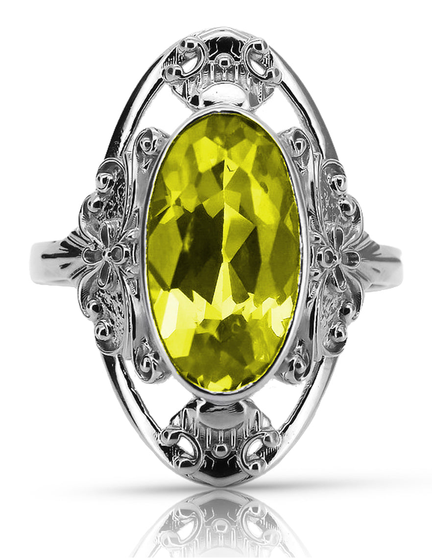 Vintage Yellow Peridot Ring in Sterling Silver (vrc014s-yp) — close-up of the stone and setting