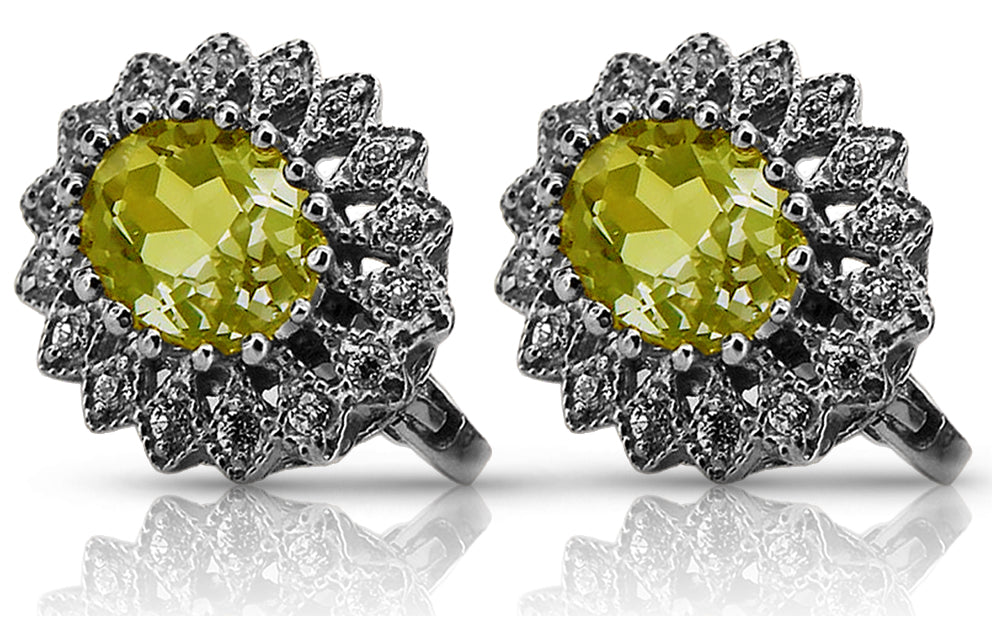 Vintage Yellow Peridot Earrings in 14K White Gold (vec125w-yp) — full view of the piece