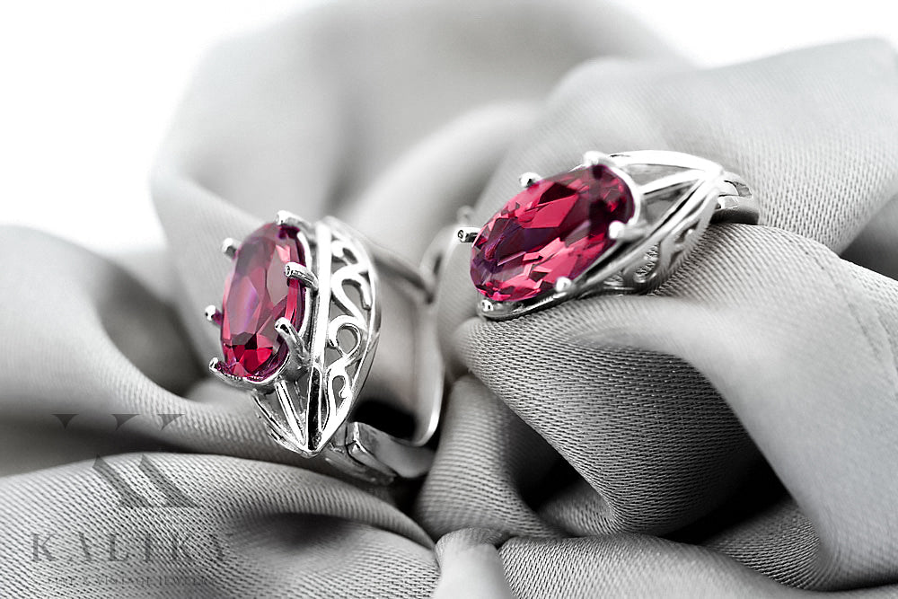 Vintage Ruby Oval Stone Wedding Gift Earrings in Sterling Silver (vec141s-rb) — worn on the neckline, showing the drape