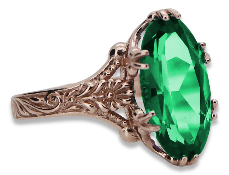 Vintage Emerald Oval Ring in 14K Rose Gold (vrc084r-em) — worn on the hand, showing profile