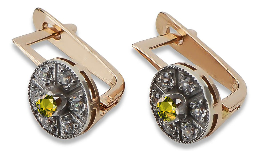 Vintage Yellow Peridot Earrings in 14K Rose & White Gold (vec161rw-yp) — side view showing the setting