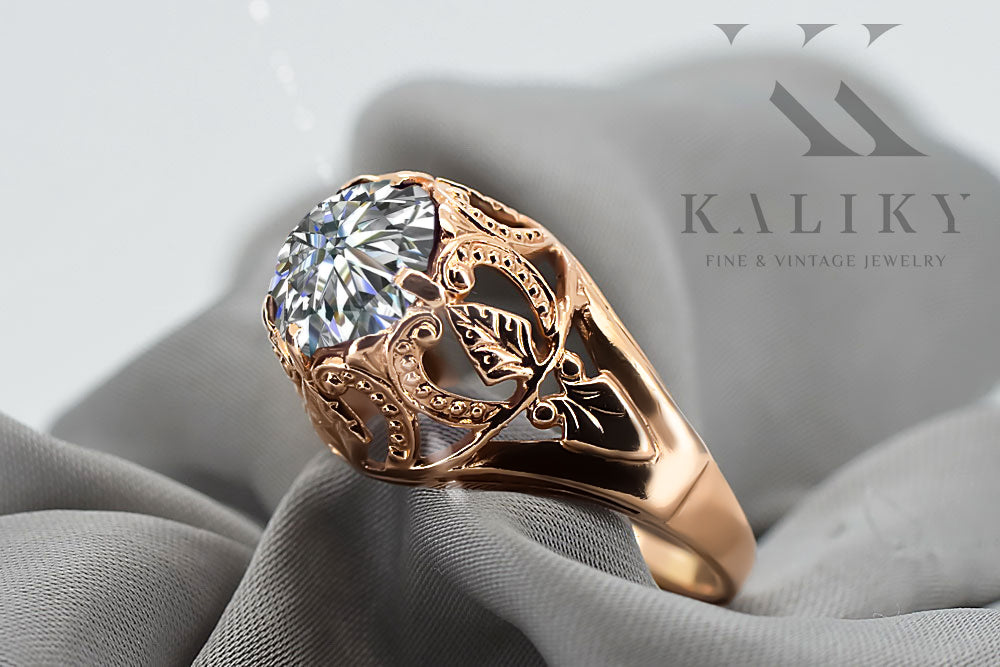 Vintage Zircon Ring in 14K Rose Gold (vrc080r-zi) — worn on the neckline, showing the drape