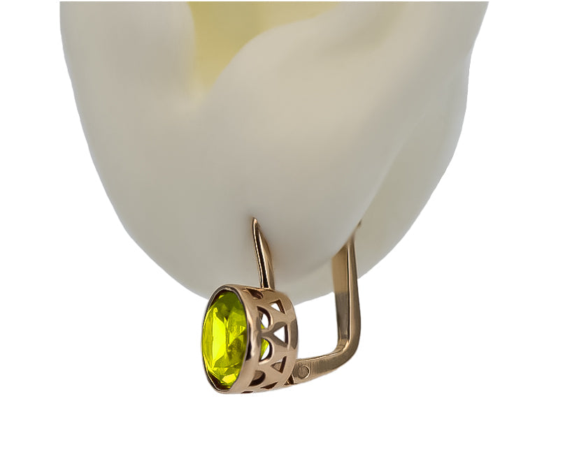 Vintage Yellow Peridot Earrings in 14K Rose Gold (vec107r-yp) — worn on the hand, showing profile