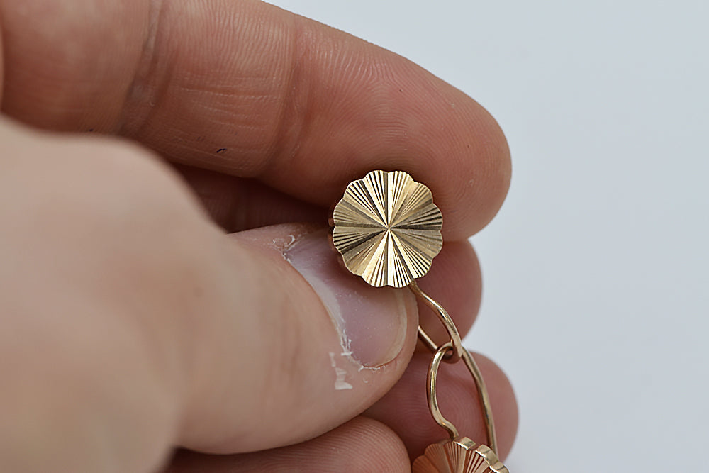 Vintage Flower Earrings in 14K Rose Gold (ven135) — close-up of the hallmark on the inner band