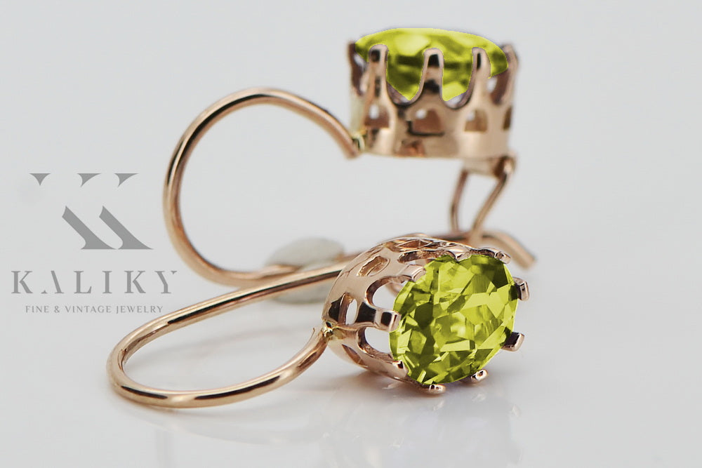 Vintage Yellow Peridot Earrings in 14K Rose Gold (vec196r-yp) — worn on the hand, showing profile