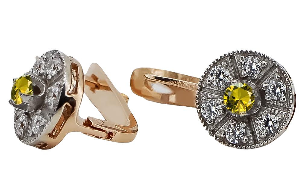 Vintage Yellow Peridot Earrings in 14K Rose & White Gold (vec161rw-yp) — detail of the metal texture