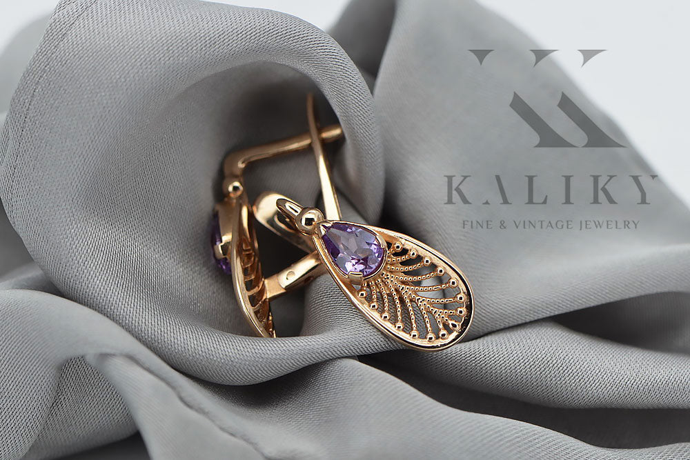 Vintage Alexandrite Earrings in 14K Rose Gold (vec067r-ax) — side view showing the setting