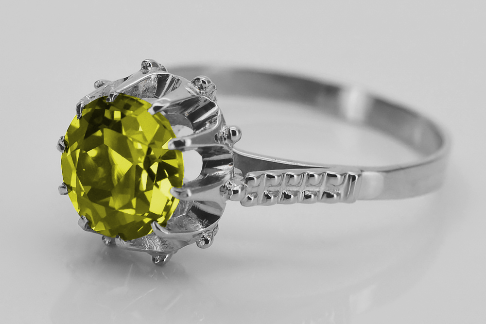 Vintage Yellow Peridot Ring in Sterling Silver (vrc045s-yp) — full view of the piece