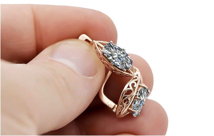 Vintage Zircon Earrings in 14K Rose Gold (vec141r-zi) — worn on the neckline, showing the drape