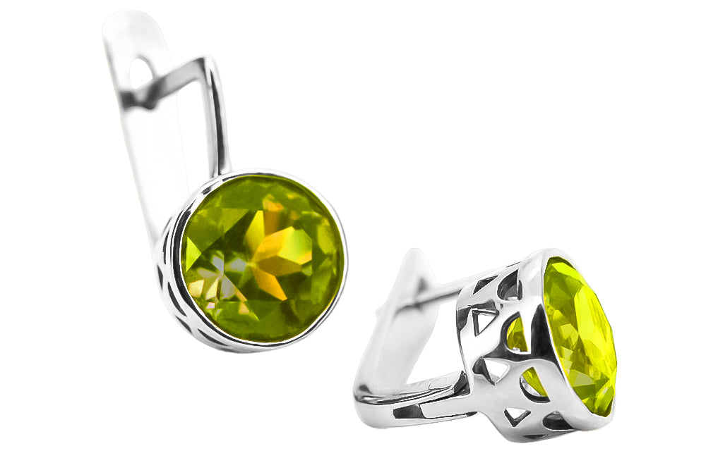 Vintage Yellow Peridot Earrings in Sterling Silver (vec107s-yp) — close-up of the stone and setting