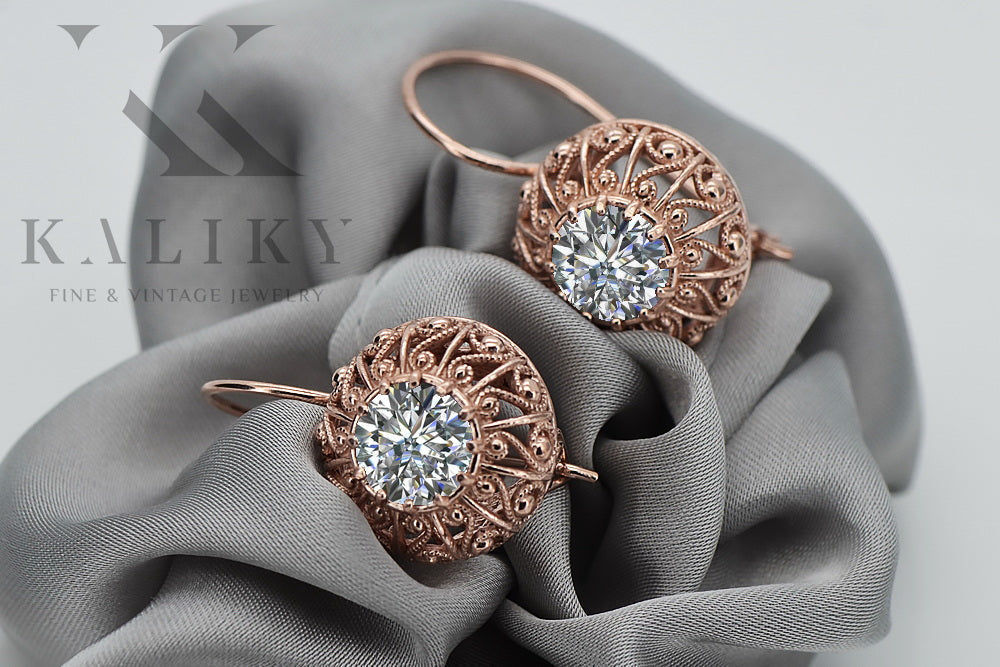 Vintage Zircon Zorcon Earrings in 14K Rose Gold (vec002r-zi) — worn on the neckline, showing the drape