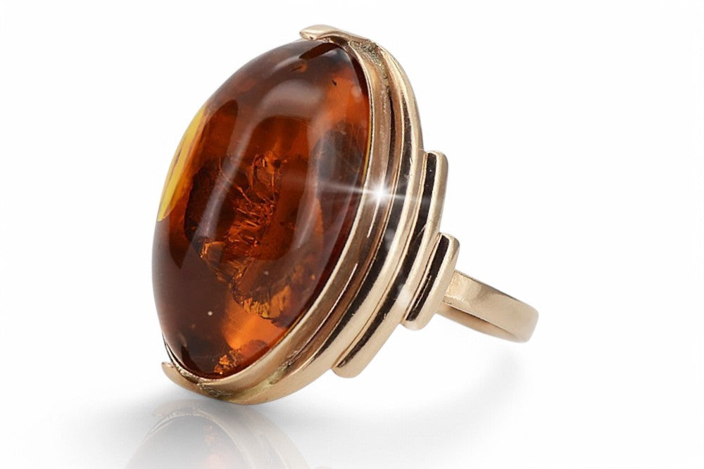 Vintage Amber Ring in 14K Rose Gold (vrab045) — side view showing the setting