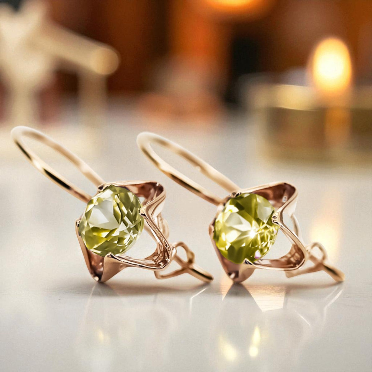 Vintage Yellow Peridot Earrings in 14K Rose Gold (vec142r-yp)