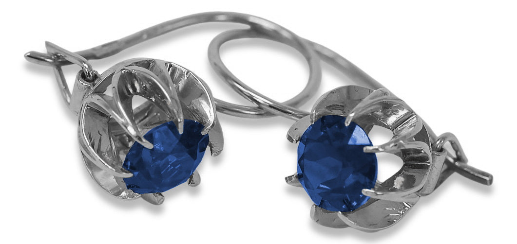 Vintage Sapphire Earrings in Sterling Silver (vec062s-sp) — close-up of the stone and setting