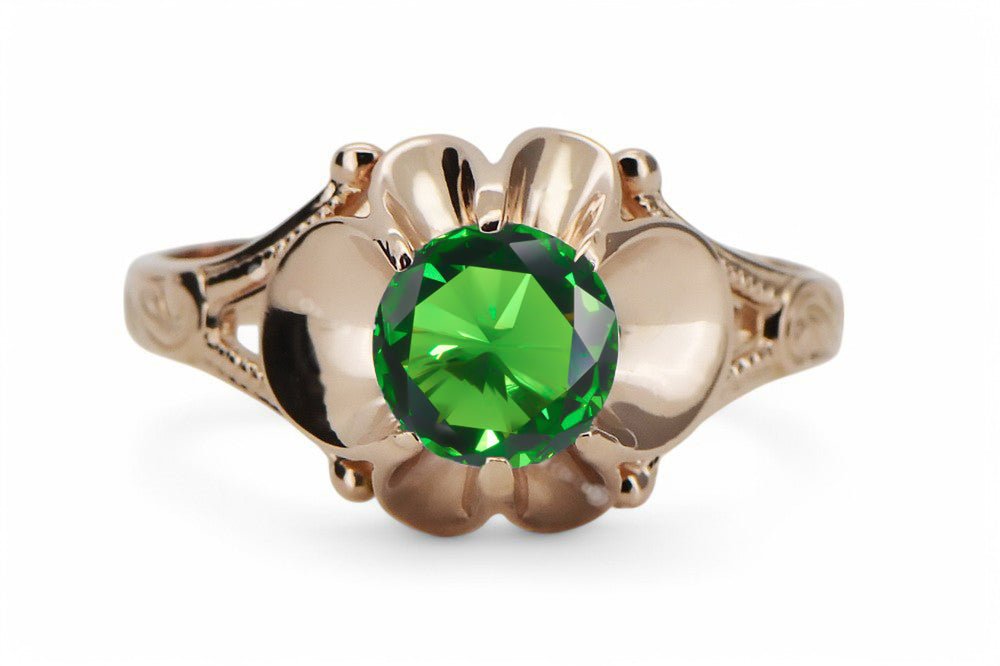 Vintage Emerald Ring in 14K Rose Gold (vrc377r-em) — close-up of the hallmark on the inner band