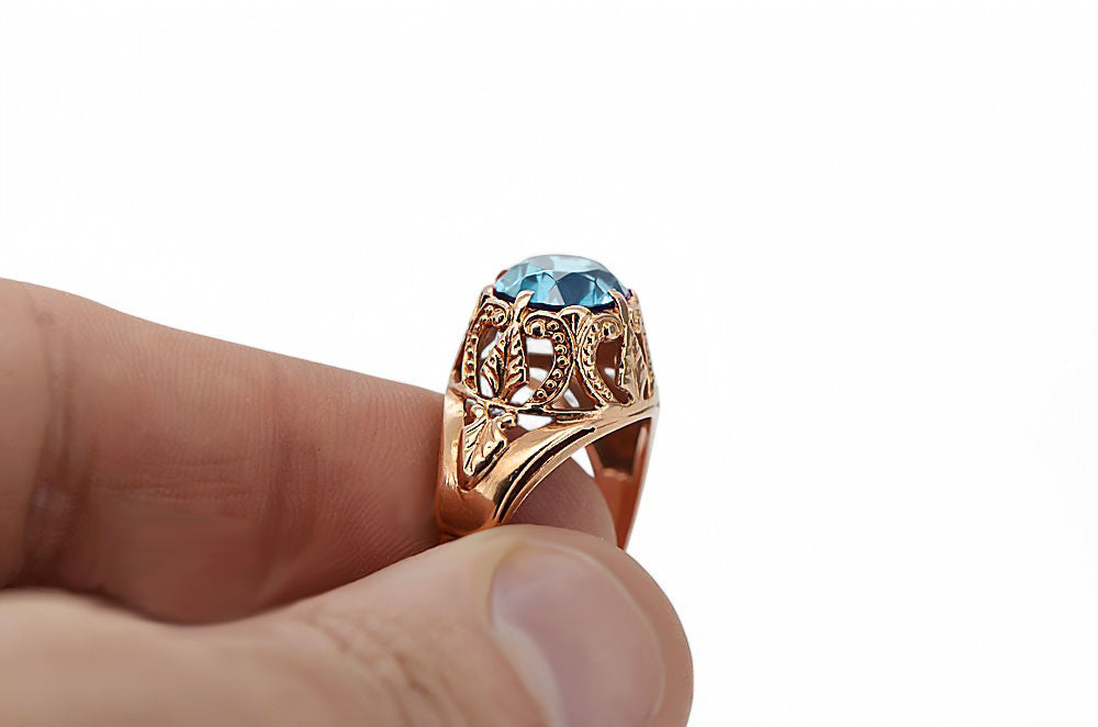 Vintage Aquamarine Ring in 14K Rose Gold (vrc080r-aq) — side view showing the setting