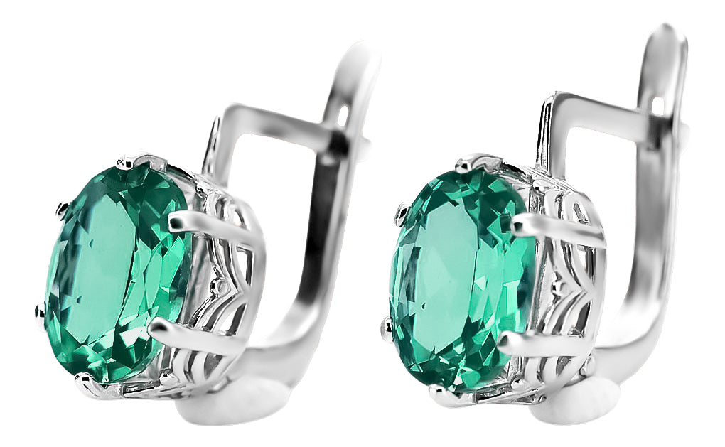 Vintage Emerald Earrings in Sterling Silver (vec003s-em) — worn on the neckline, showing the drape