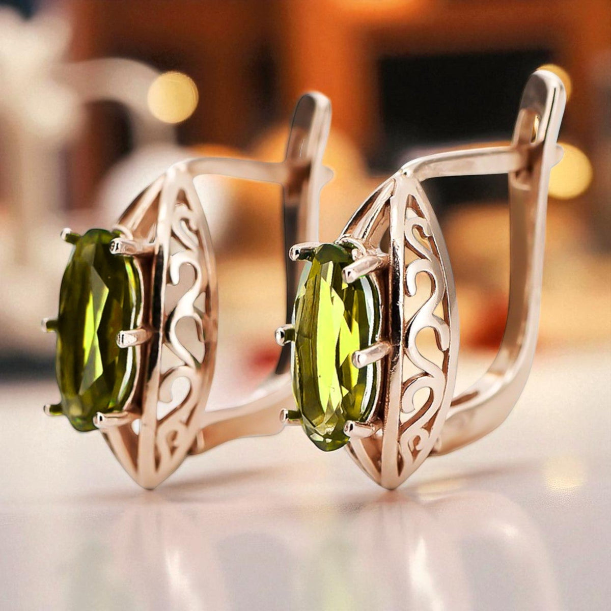 Vintage Yellow Peridot Earrings in 14K Rose Gold (vec141r-yp)