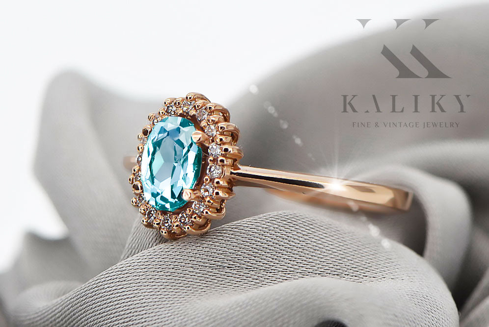 Vintage Aquamarine Craft Ring in 14K Rose Gold (crc009r-aq) — close-up of the stone and setting