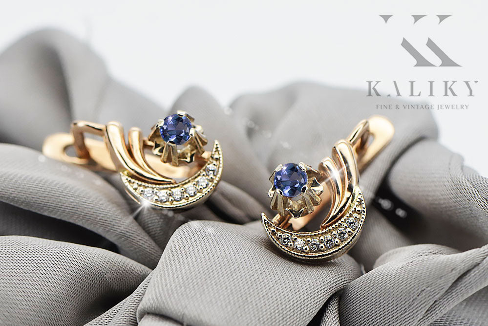 Vintage Alexandrite Zircon Earrings in 14K Rose & White Gold (vec093rw-ax) — worn on the neckline, showing the drape