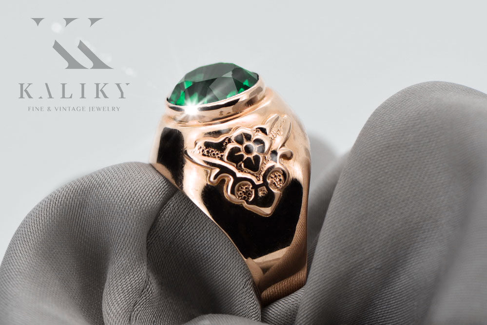 Vintage Emerald Craft Ring in 14K Rose Gold (vrc078r-em) — worn on the neckline, showing the drape