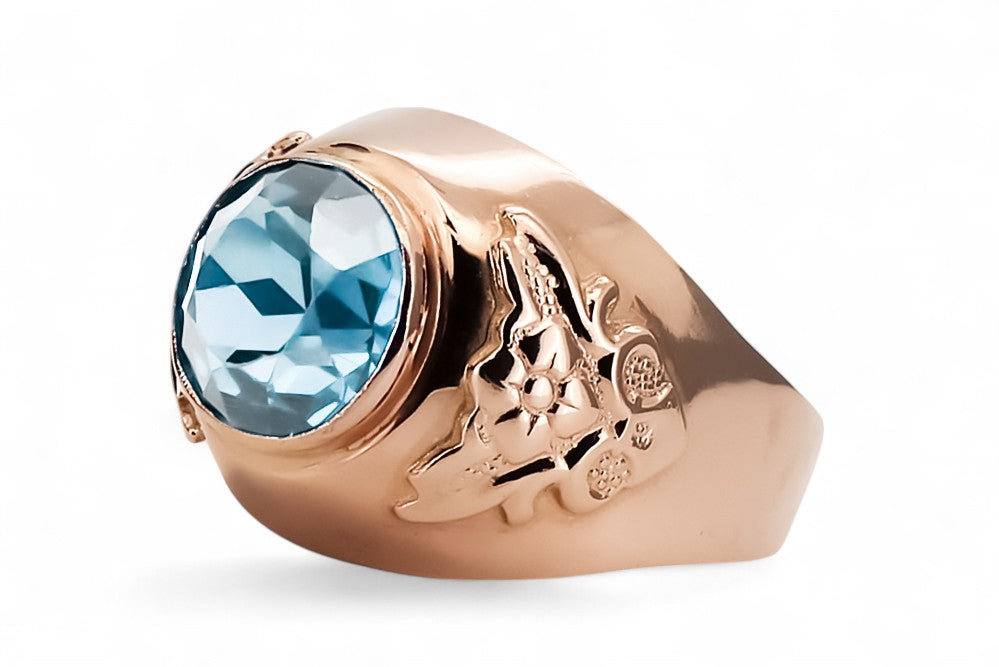 Vintage Aquamarine Craft Ring in 14K Rose Gold (vrc078r-aq) — close-up of the stone and setting