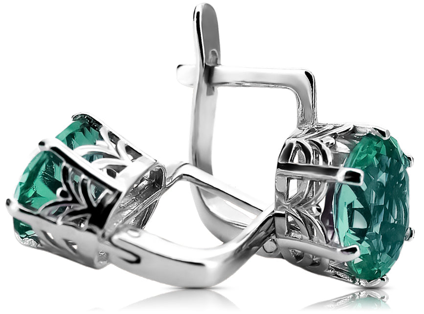 Vintage Emerald Earrings in Sterling Silver (vec003s-em) — angled view catching the light