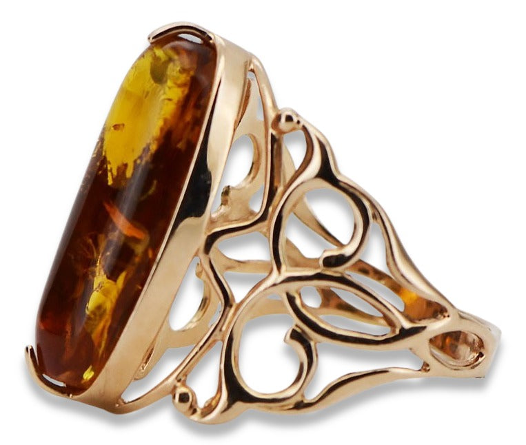Vintage Amber Ring in 14K Rose Gold (vrab003) — close-up of the stone and setting
